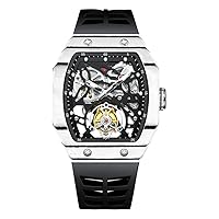 Analog Mechanical Hand-Wind Square Wrist Watch Men's Stainless Steel and Silicone Sapphire Male Skeleton Real Tourbillon Clock Waterproof Luminous Chronograph