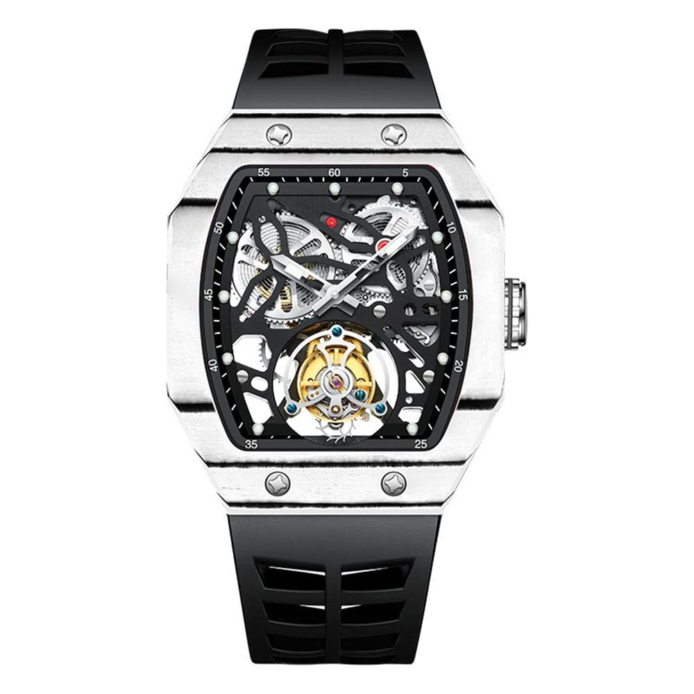 Guanqin Analog Mechanical Hand-Wind Square Wrist Watch Men's Stainless Steel and Silicone Sapphire Male Skeleton Real Tourbillon Clock Waterproof Luminous Chronograph