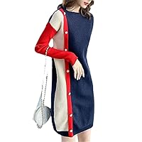 Elegant Chic Beads Contrast Color Street Knitted Sweater Dresses for Casual O Neck Sleeve SlimDress