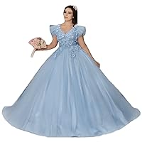 Women's Sweet 16 Flower Applique Quinceanera Dresses Cap Sleeves Tulle Ball Gowns