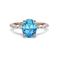 2.88 ctw Blue Topaz Oval Shape (9 x 7 mm) alternating Side Marquise & Round Lab Grown Diamond Hidden Halo Engagement Ring in 10K Gold