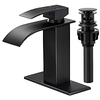 Waterfall Bathroom Faucet, Single Handle Bathroom Faucets for 1 or 3 Hole Bathroom Sink Faucet Washbasin Faucet RV Vanity Faucet with Deck Plate, Pop-up Drain and Supply Hoses Matte Black
