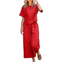 Two Piece Outfits Women Sleeveless Crop Tops Wide Leg Pants Sets Linen Outfit 2024 Trendy Casual Linen Lounge Set