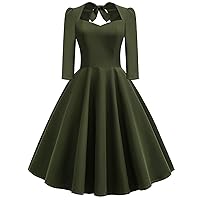 Womens 50 Retro Vintage Square Neck Dress 3/4 Sleeve Cutout Back Rockabilly Swing Cocktail Prom Dress