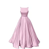 Women's Scoop Neckline Satin Backless Evening Dress Sleeveless Beaded Long Prom Dress Light Pink