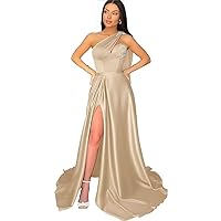 Women’s One Shoulder Satin Prom Dresses Beaded High Slit Long Evening Party Gowns