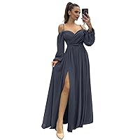 CWOAPO Long Sleeves Bridesmaid Dresses with Slit Off Shoulder Chiffon Empire Waist Formal Evening Party Dress