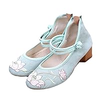 Lotus Flower Embroidered Women Cotton Fabric 4Cm High Block Heel Shoes Ankle Strap Comfortable Retro Ladies