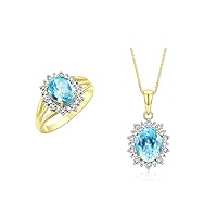 Rylos Women's Yellow Gold Plated Silver Princess Diana Ring & Pendant Set. Gemstone & Diamonds, 9X7MM Birthstone. Matching Friendship Jewelry, Sizes 5-10.