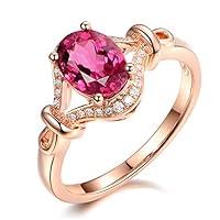 Fine Jewelry For Women Solid 14ct Rose Gold Wedding Engagement Natural Oval Cut Tourmaline Real Diamond Ring Set