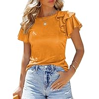 SHEWIN Womens Summer Tops Crewneck Ruffle Short Sleeve T Shirts Casual Slim Fit