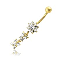 14K Solid Yellow Gold Flower and Butterfly with CZ Stone Dangling Belly Ring