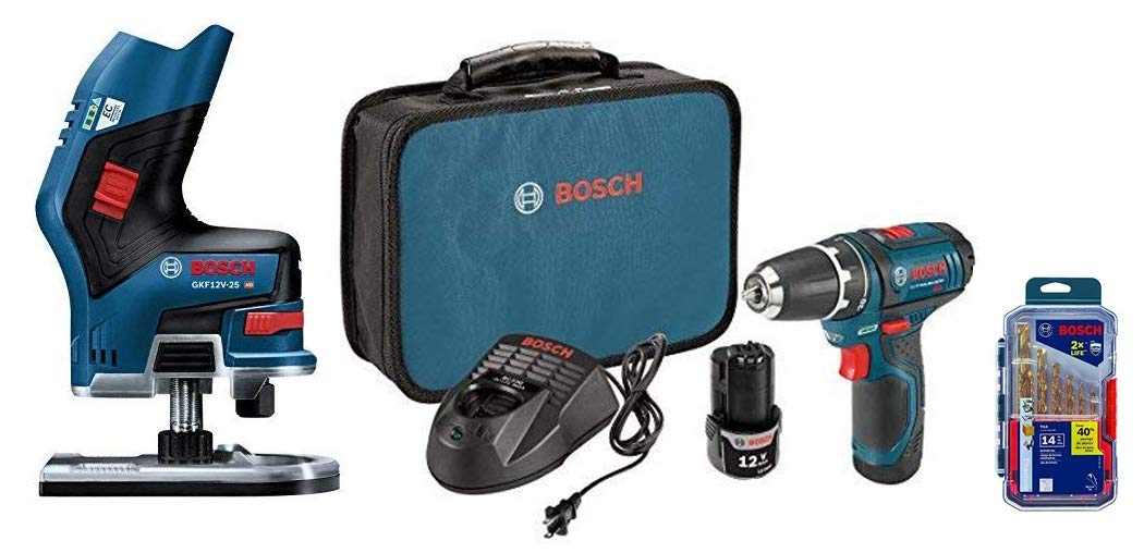 Bosch PS31-2A 12V Max 3/8-In 2-Speed Drill/Driver Kit, 12V Max EC Brushless Palm Edge Router, and the TI14 Titanium Metal Drill Bit Set