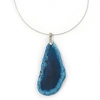 Blue Quartz Medallion Wire Pendant Necklace In Rhodium Plated Metal - 40cm Length with 6cm extension