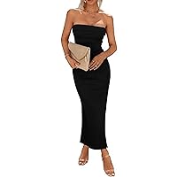 Woolicity Womens Summer Strapless Bodycon Maxi Tube Dress Split Sexy Party Club Casual Elegant Dress Black L