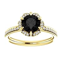 Trendy 1 CT Round Black Blooming Flower Engagement Ring, Blooming Rose Black Onyx Ring, Halo Floral Black Diamond Ring, Nature Inspired Ring, 10K Yellow Gold, Perfact for Gifts