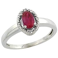 10K White Gold Diamond Halo Enhanced Ruby Ring Oval 6X4 mm, 3/8 inch wide, sizes 5-10