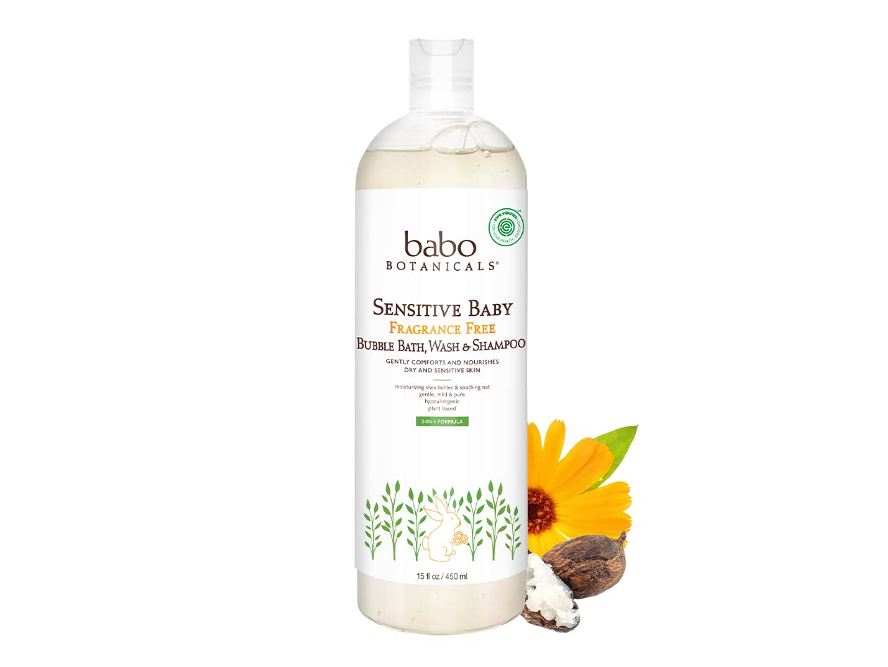 Babo Botanicals Sensitive Baby Fragrance Free 3-in-1 Bubble Bath, Wash & Shampoo - with Organic Shea Butter, Coconut Oil, Calendula & Oat - Vegan & EWG Verified - 15 fl. oz.