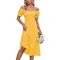 LYANER Women's Off Shoulder Wrap Ruffle Puff Short Sleeve Ruched Tie Back Dress