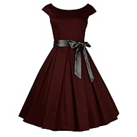 (XS, SM, MD, LG, XL, XXL, 18, 20, 22, 24 or 26) Carrie - Burgundy 40s 50s Retro Swing Pin-up Boat Neck Sash Dress