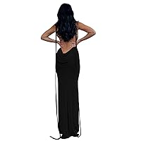 Volemo Slip Bodycon Dresses for Women Spaghetti Strap Lace Up Backless Cowl Neck Maxi Mermaid Cocktail Party Dress