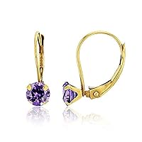 14K Solid Yellow Gold 6mm Round Natural Amethyst Birthstone Leverback Earrings For Women