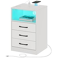 Seventable Nightstand with Wireless Charging Station and LED Lights, Modern End Side Table with 3 Drawers and Open Compartment for Bedroom, White
