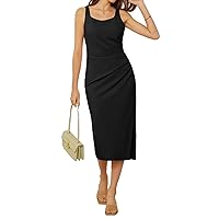 GRACE KARIN Women's Midi Summer Dresses Square Neck Sleeveless Ruched Bodycon Cocktail Party Dress