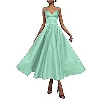 Women's Satin V Neck Evening Party Dresses Spaghetti Straps Prom Gowns