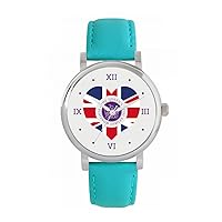 Queen's Platinum Jubilee Union Jack Heart Watch 2022 for Women, Analogue Display, Japanese Quartz Movement Watch with Turquoise Leather Strap, Custom Made