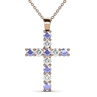 Tanzanite & Natural Diamond (SI2-I1, G-H) Cross Pendant 0.85 ctw 14K Gold. Included 16 Inches 14K Gold Chain.