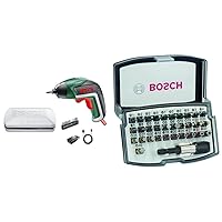 Bosch IXO Cordless Screwdriver (5th Generation, in Storage Box), Classic Green + 32-Piece Screwdriver Bit Set Extra Hard (Phillips, Pozidriv, Hex, T, TH, S-Bit, Accessories)