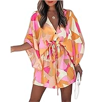 Women Summer Floral Casual Party Short Dress Loose Tunic V-Neck Half Sleeve Shift Flowy Swing Vacation Mini Dresses
