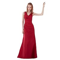 Red Taffeta V-Neck Sleeveless Sheath Pleated Long Bridesmaid Dress