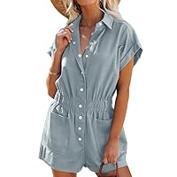 Dokotoo Women's Summer Trooper Utility Cargo Rompers Short Sleeve Button Down Pockets Jumpsuits