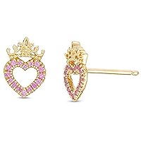 Round Cut Pink Sapphire 14k Yellow Gold Plated 925 Sterling Silver Child Disney Princess Heart Stud Earrings For Womens.