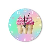 Ice Cream Wall Clock Round Large Wood Clock 10 Inch Silent Non-Ticking Wooden Wall Clocks Battery Operated Living Room Bedroom Kitchen Farmhouse Decor Christmas Birthday Gift