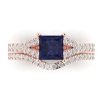 Clara Pucci 2.01ct Princess cut Custom Engraving Pave Faux Blue Sapphire Engagement Ring Band Wedding Bridal Set Curved 14k Rose Gold 10