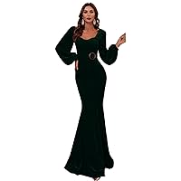 Women's Velvet Elegant Evening Dresses Mermaid Puff Sleeves Prom Dress