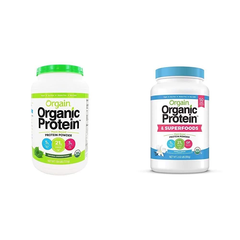 Orgain Organic Plant Based Protein Powder, Natural Unsweetened - Vegan, Low Net Carbs, 1.59 Pound & Organic Plant Based Protein + Superfoods Powder, Vanilla Bean - Vegan, Non Dairy, 2.02 lb