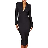 UONBOX Women's Deep Plunge V Neck Long Sleeves Draped Knee Length Bodycon Bandage Dress