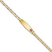 14K Yellow Gold Medical Soft Diamond Shape Red Enamel Anchor Link ID Bracelet