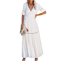 White Maxi Dress Women Summer Lace Deep V Neck Pleated Ruffle Hem Vestidos Beach Holiday Casual Dresses Female