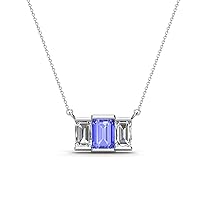 Emerald Cut (6x4 mm) Tanzanite & Natural Diamond 1 1/3 ctw Women Three Stone Pendant Necklace 14K Gold