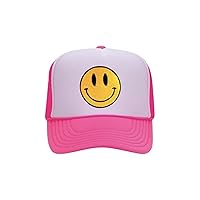 Smile Face Trucker Hat, Trendy Cute Preppy y2k Smile Yellow Emoji Patch Embroidered Adjustable Baseball Cap Snapback Hat , with Foam Front, Mesh Back, One Size Fits All ,for Women, Men, Pink, Medium