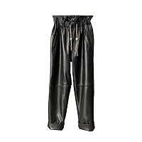 Women's High Waist Chain Spliced Sheepskin Pants Slimming Leather Pants with Pockets