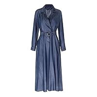 Women Long Maxi Full Sleeve with Belt Autumn and Spring Denim Notched Collar Dress
