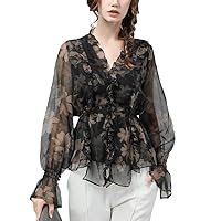 Vintage Floral Chiffon Blouse Women Flared Sleeve V-Neck Ruffles Tops Spring Summer Ladies Pearls Button Shirts