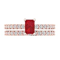 Clara Pucci 1.41ct Emerald Cut Solitaire Accent Genuine Simulated Ruby Engagement Anniversary Wedding Ring Band set 18K Rose Gold