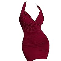 Sexy Ruched Bodycon Mini Dress for Women Fashion Halter Wrap V Neck Backless Solid Color Party Club Cocktail Dresses